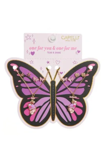 Capelli New York Kids' Bff Butterfly Necklaces & Stud Earrings Set In Pink Multi