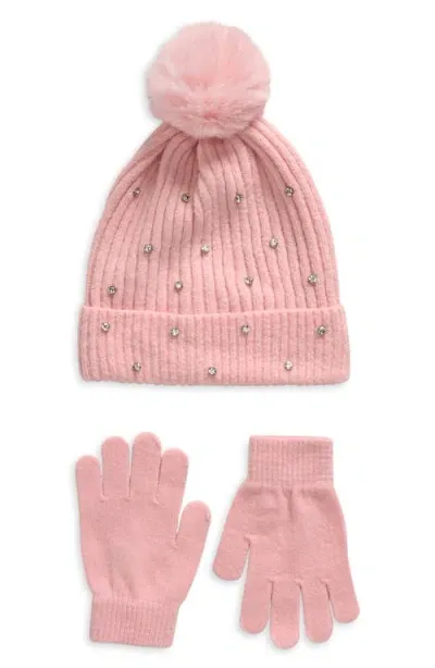 Capelli New York Kids' Crystal Embellished Rib Pompom Beanie & Gloves Set In Pink