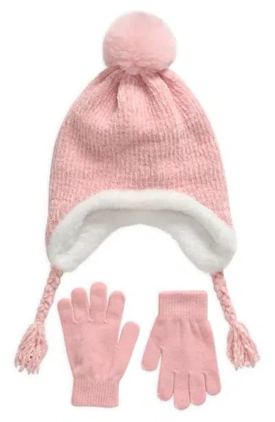 Capelli New York Kids' Faux Fur Lined Pompom Earflap Cap & Magic Gloves Set In Pink