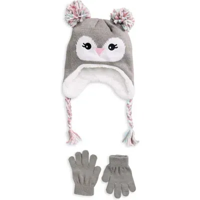 Capelli New York Kids' Penguin Double Pompom Earflap Cap & Magic Gloves Set In Grey Combo