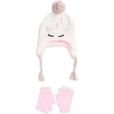 Capelli New York Kids' Unicorn Pompom Earflap Cap & Magic Gloves Set In Ivory