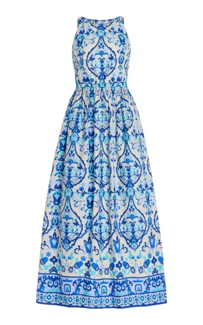 Cara Cara Colomba Open-back Floral-print Cotton-poplin Maxi Dress In Blue