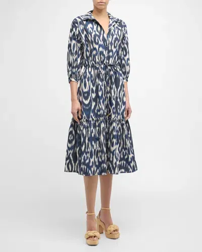 Cara Cara Hutton Puff-sleeve Midi Shirtdress In Ikat Navy