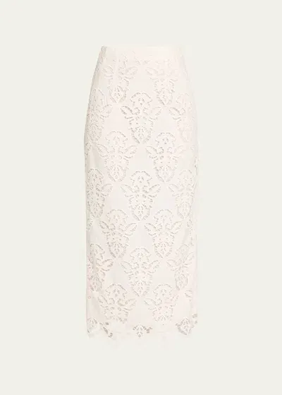 Cara Cara Sienna Cotton Lace Pencil Midi Skirt In White Scroll Emb