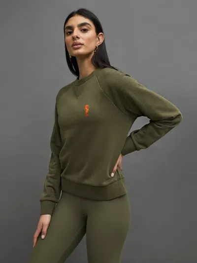 Carbon38 Embroidered French Terry Crew Sweatshirt In Olive,seahorse