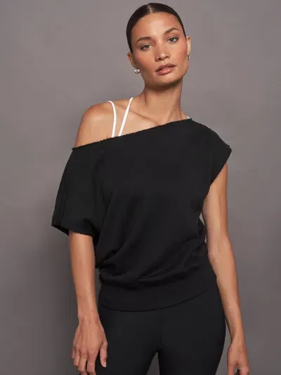 Carbon38 Short Sleeve Off Shoulder Sweatshirt In French Terry In Black