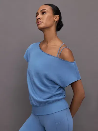 Carbon38 Short Sleeve Off Shoulder Sweatshirt In French Terry In Coronet Blue