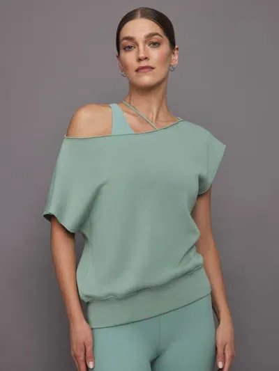 Carbon38 Short Sleeve Off Shoulder Sweatshirt In French Terry In Granite Green