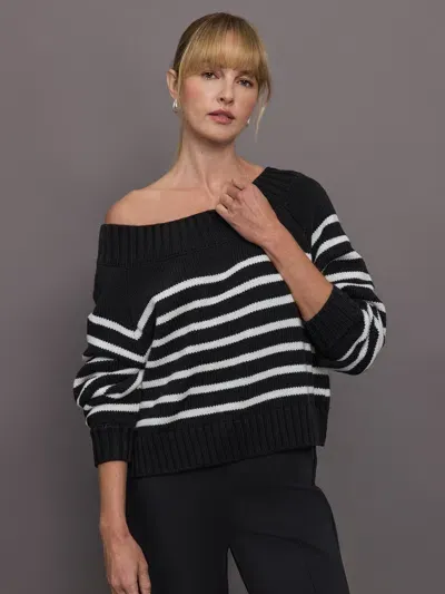 Carbon38 Wool Blend Slouchy Knit Sweater In Black,white Stripe