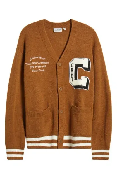 Carhartt Work In Progress Brown Ducks Embroidered Varsity Cardigan In Hamilton Brown/wax