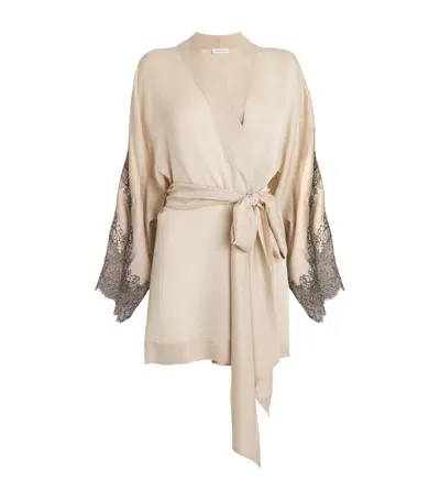 Carine Gilson Silk Lace-detail Short Robe In Beige