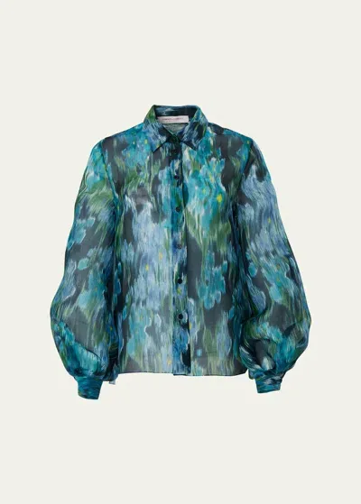 Carolina Herrera Puff-sleeve Silk Button-down Shirt In Midnight Multi