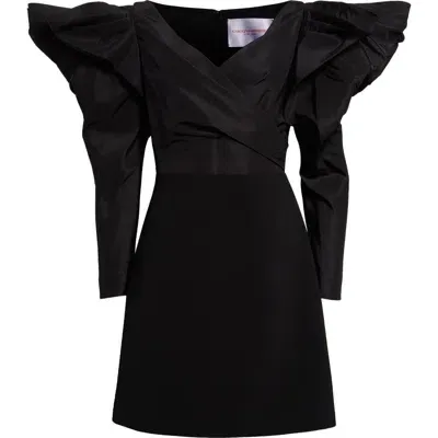 Carolina Herrera Bow Shoulder Long Sleeve Silk Minidress In Black