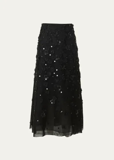 Carolina Herrera Embellished Midi Skirt With Floral Applique Details In Black