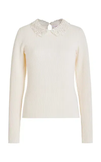 Carolina Herrera Embroidered-collar Knit Wool Top In White