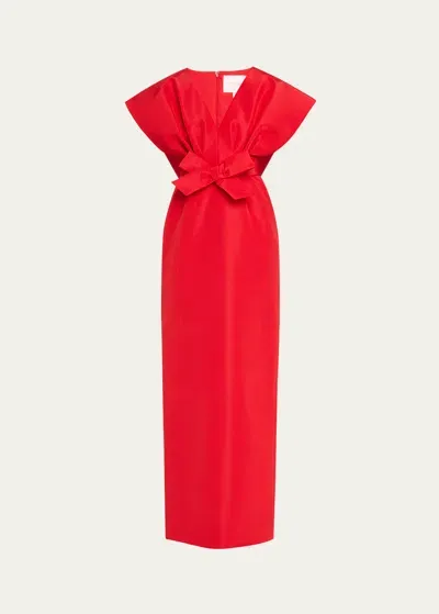 Carolina Herrera Fan Bodice Column Gown With Bow Waist Detail In Lacquer Red