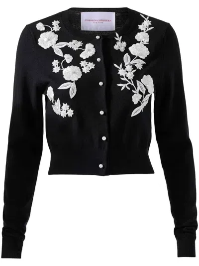 Carolina Herrera Floral-embroidered Cardigan In Black