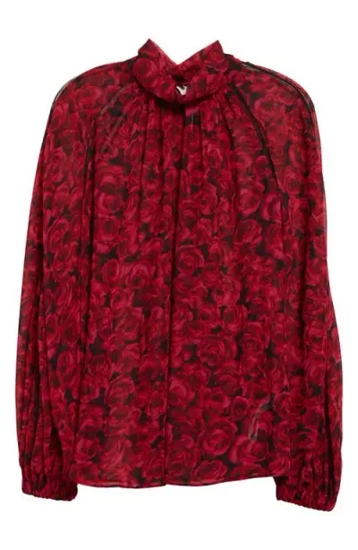 Carolina Herrera Floral Mock Neck Gathered Top In Herrera Red Mul