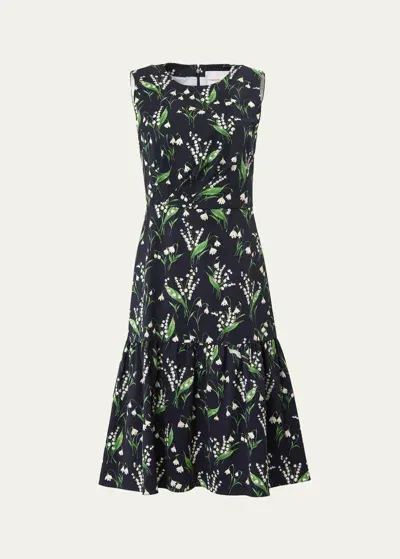 Carolina Herrera Floral Print Midi Dress With Flounce Hemline In Midnight Multi