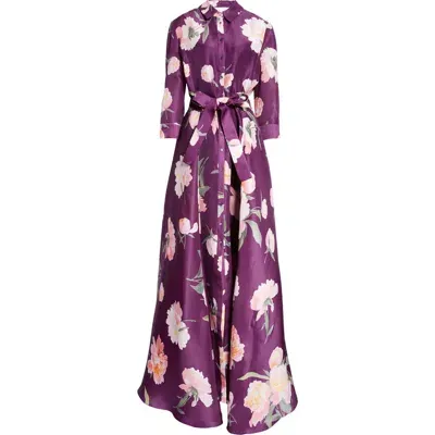 Carolina Herrera Peony Print Silk Organza Trench Gown In Fig Multi