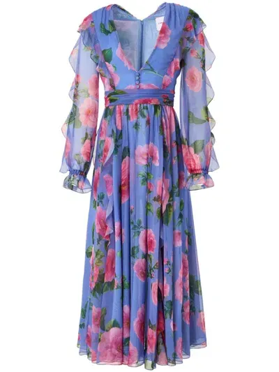 Carolina Herrera Rose-print Chiffon Midi Dress In Blue