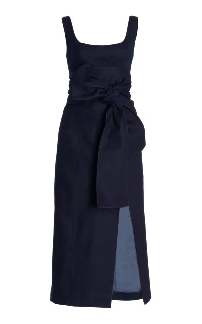 Carolina Herrera Sash-detailed Cotton-blend Midi Dress In Navy