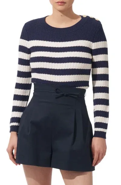 Carolina Herrera Striped Crewneck Sweater With Buttons In Midnight Multi