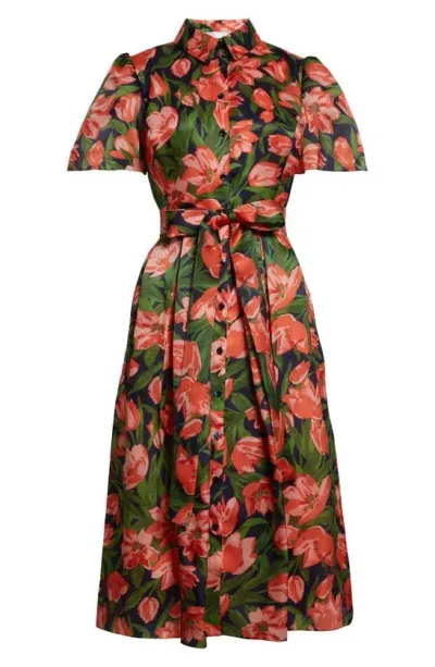 Carolina Herrera Tulip Print Silk Organza Belted Shirtdress In Midnight Multi