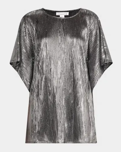 Caroline Rose Metallic Plisse Caftan Top In Silver/black