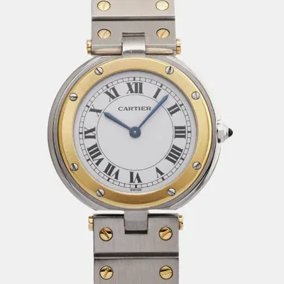 Pre-owned Cartier Ivory 18k Yellow Gold Stainless Steel Santos Quartz Men's Wristwatch 32 Mm In White