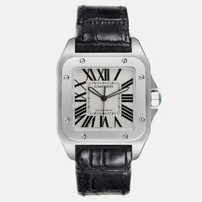 Pre-owned Cartier Santos 100 Silver Dial Black Strap Steel Men's Watch 38.0 Mm