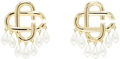 Casablanca Gold Pearl Drop Logo Earrings In Gold / Pearl