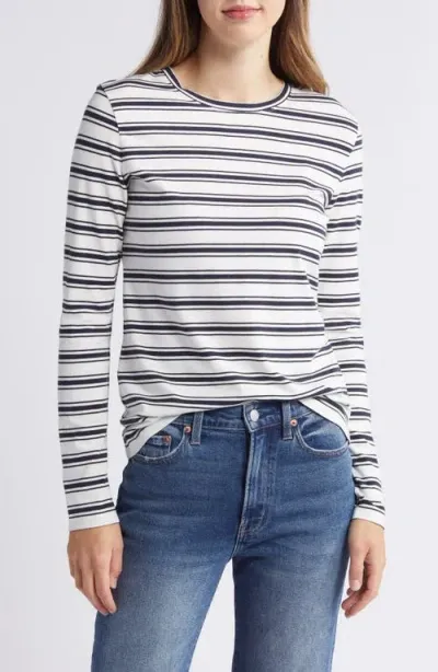 Caslonr Caslon(r) Crewneck Long Sleeve T-shirt In Ivory- Navy Blazer Stripe