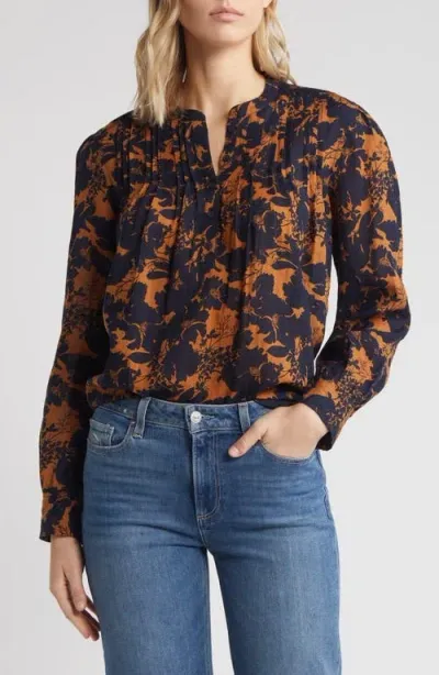 Caslonr Caslon(r) Floral Print Pleated Top In Tan- Navy Small Zinnia Floral