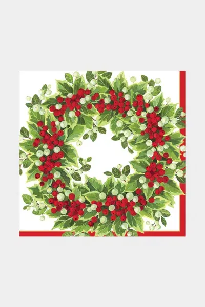 Caspari Holly And Berry Wreath Paper Luncheon Napkins In Black