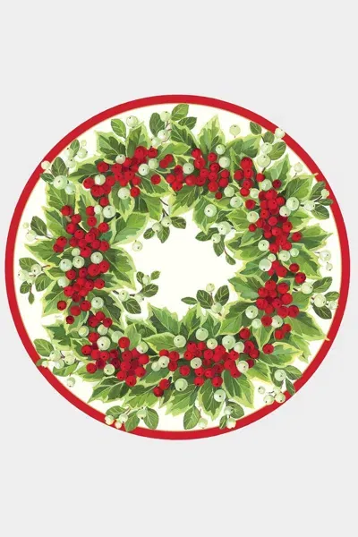 Caspari Holly And Berry Wreath Round Paper Placemats In Multi