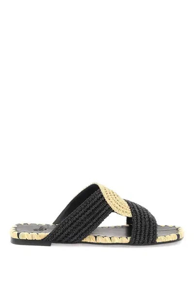 Castaã±er Prado Bicolor Raffia Slide Sandals In Black