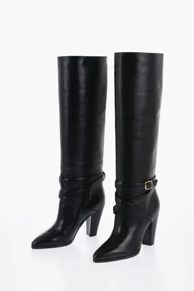 Celine Knee-length Wilters Leather Boots With Ankle Strap 10cm In 38no