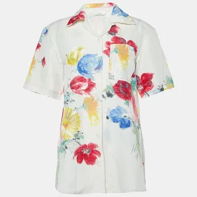 Pre-owned Celine Off White Printed Linen Blend Short Sleeves Shirt S