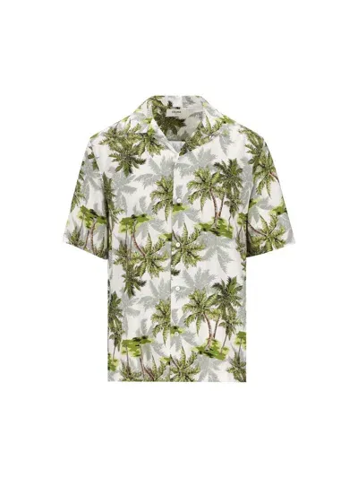 Celine Palm Print Short-sleeve Shirt In Blanc/gris/vert