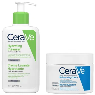 Cerave Daily Deep Hydration 2-step Routine For Normal To Dry Skin, Cleanser And Moisturiser With Hyaluronic In White