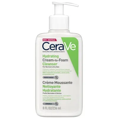 Cerave Hydrating Cream-to-foam Cleanser With Amino Acids For Normal To Dry Skin 236ml In White