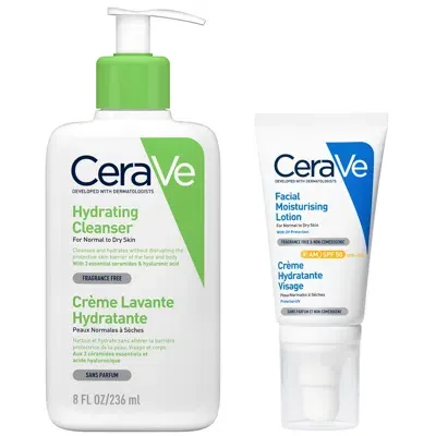 Cerave Morning Face Routine For Dry Skin, Hydrating Cleanser And Moisturiser With Spf 50 In White