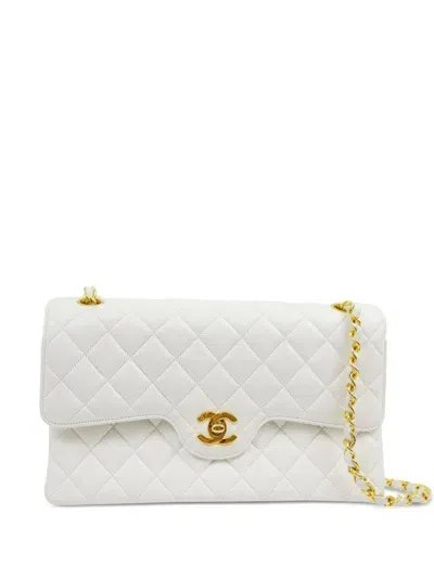 Pre-owned Chanel 1992 Medium Double Flap Shoulder Bag In White