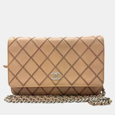 Pre-owned Chanel Beige Leather Wild Stitch Chain Wallet