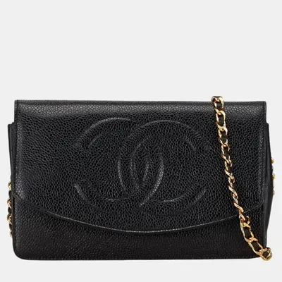 Pre-owned Chanel Black Caviar Skin Leather Coco Mark Chain Wallet