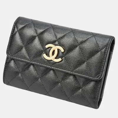 Pre-owned Chanel Black Gold Caviar Skin Matelasse Medium Flap Wallet