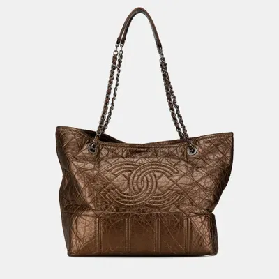 Pre-owned Chanel Distressed Calfskin Shopping In Moscow Tote In Brown