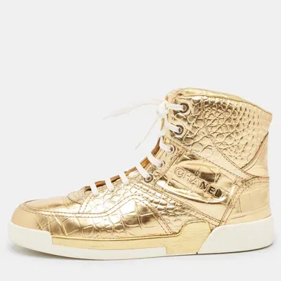 Pre-owned Chanel Gold Croc Embossed Leather High Top Sneakers Size 43