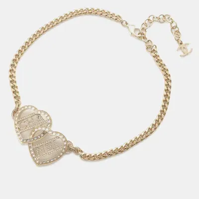 Pre-owned Chanel Gold Metal Rhinestone Heart Logo Choker